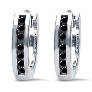 Half Eternity Hoop Earrings Round Simulated Black CZ 925 Sterling Silver (11mm)